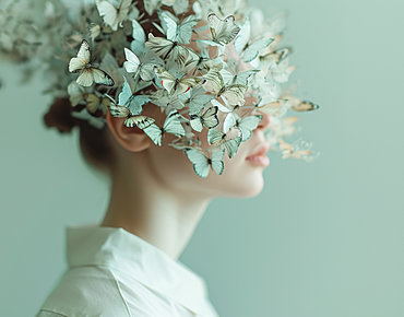 Symbolbild ADHS: Frau mit einem Schwarm Schmetterlinge um den Kopf