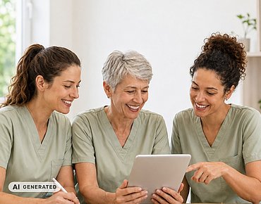Drei Frauen schauen auf ein Tablet