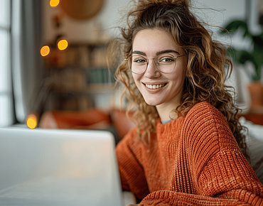 Frau sitzt vor Laptop im Webinar
