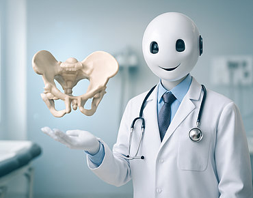 KI-Roboter, neben dem ein Hüftknochen schwebt
