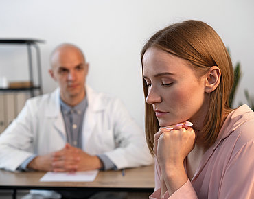 Verzweifelte Frau beim Arzt