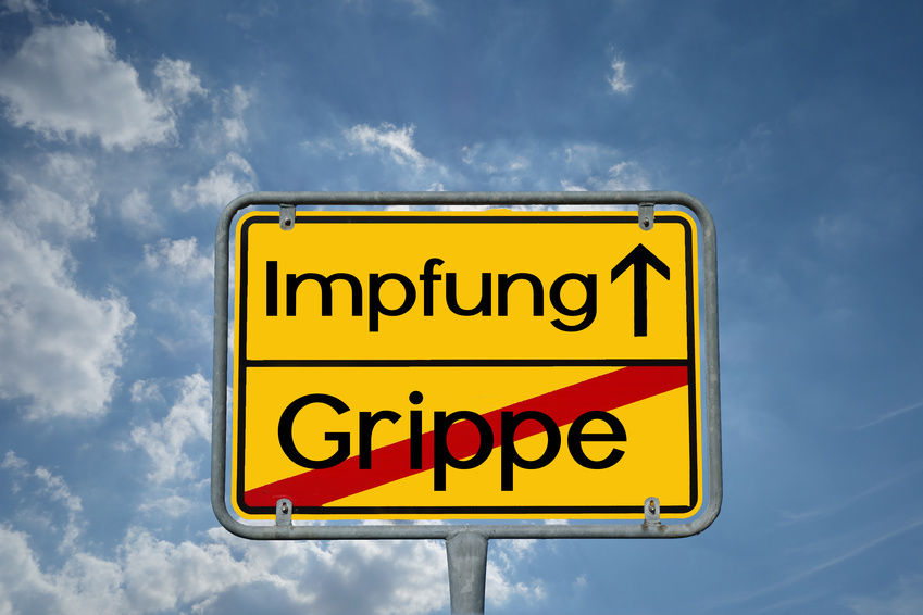 Ortsschild mit Impfung voraus und Grippe zurück