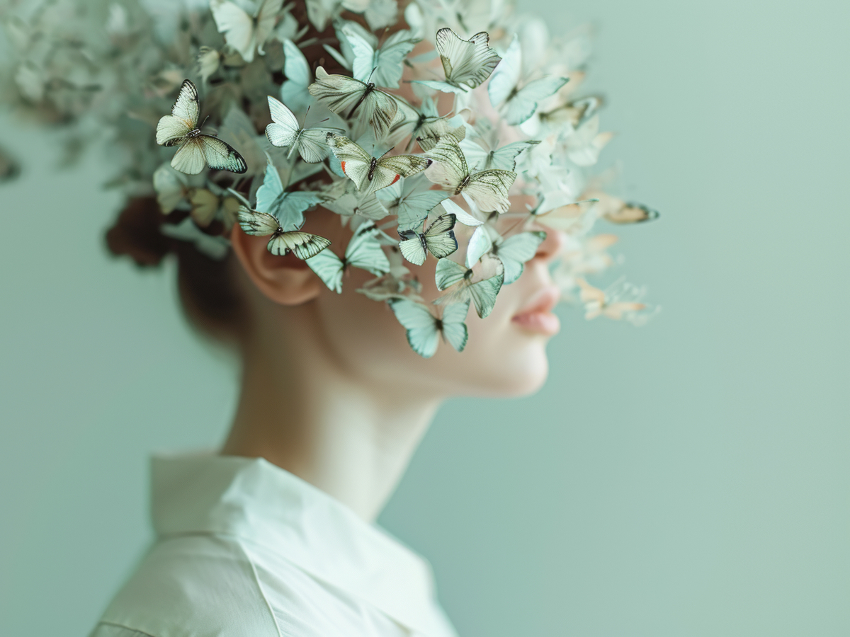 Symbolbild ADHS: Frau mit einem Schwarm Schmetterlinge um den Kopf