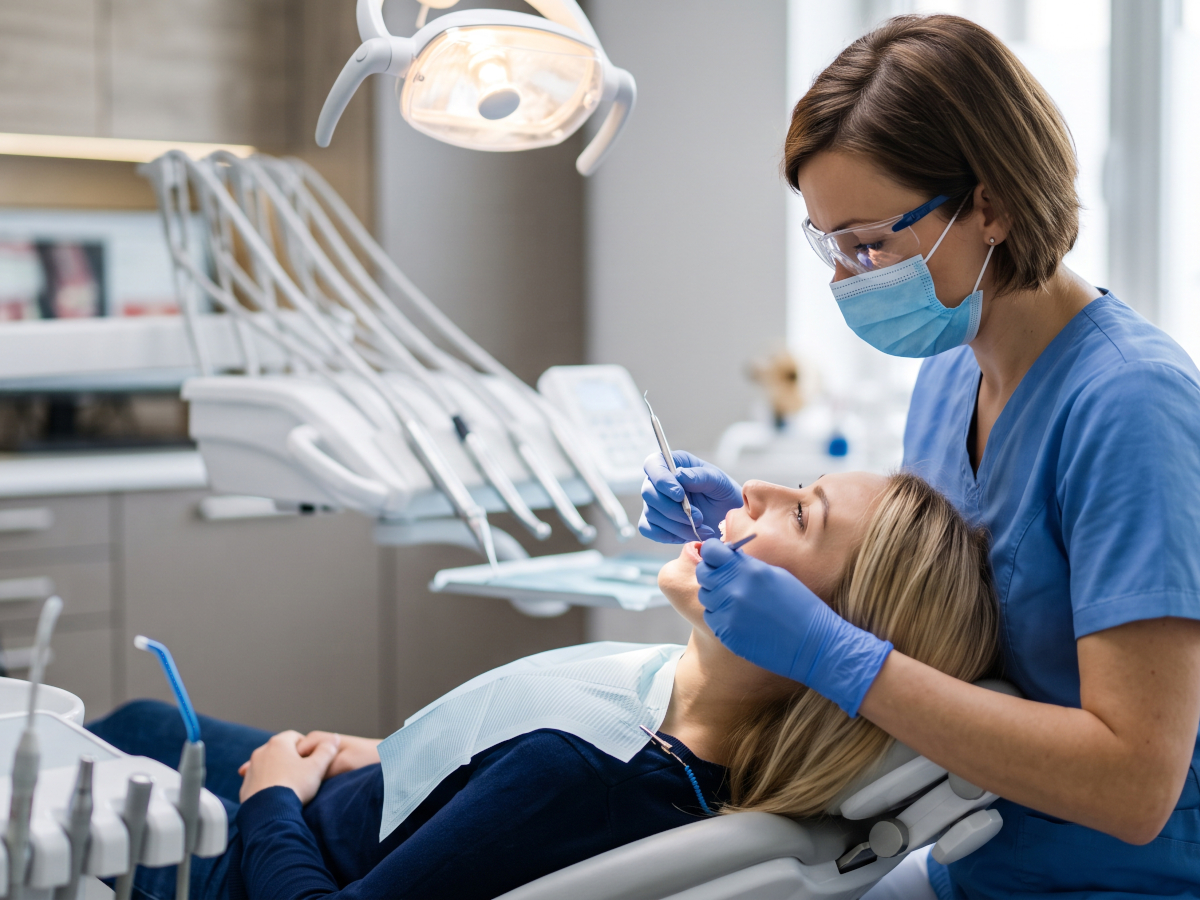Patientin wird beim Zahnarzt behandelt