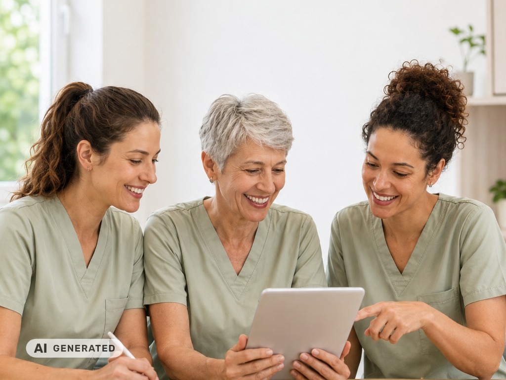 Drei Frauen schauen auf ein Tablet Drei Frauen schauen auf ein Tablet