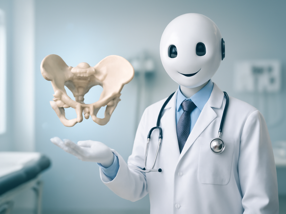 KI-Roboter, neben dem ein Hüftknochen schwebt