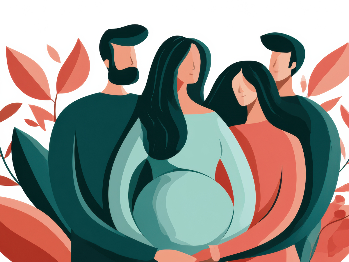 Symbolbild Leihmutterschaft: Schwangere Frau, Links neben ihr ein Mann, rechts von ihr ein gemischtgeschlechtliches Paar