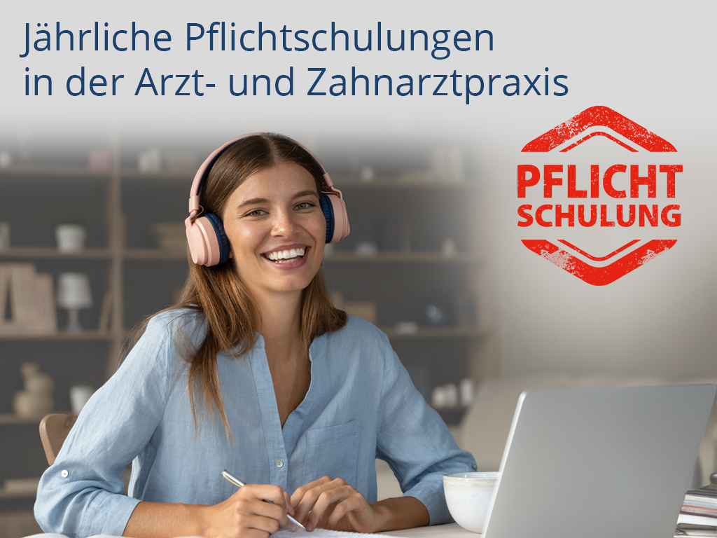 Frau im Onlineseminar mit Beschriftung "Jährliche Pflichtschulungen in der Arbeitspraxis"